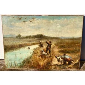 Ancien Tableau La Chasse Au Canards Signé François Castellan 1930 Vénerie Chasseurs 