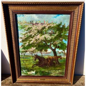 Old Painting The Dream Of Horse Racing Signed Ernest Bodoy 1908 Horses 