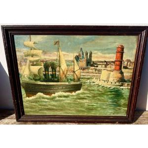 Ancien Tableau Le Remorqueur Dans Le Port De Marseille Signé Ducatez 1929 