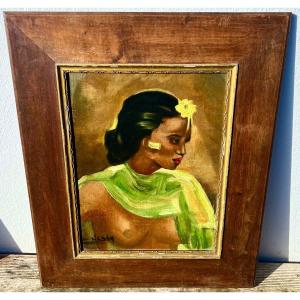 Ancien Tableau Portrait De Femme Balinaise Signé Hasan 1930 Indonésie 