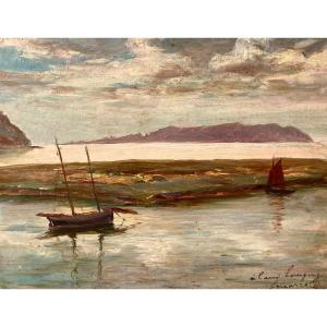 Ancien Tableau Bord De Mer En Bretagne Signé Jacques Marcelin  1900 Breton Port 