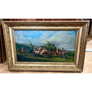 Old Painting The Horse Race Signed José De Cala Y Moya 19th Spain 