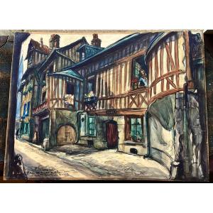 Ancienne Aquarelle La Rue Des Matelas à Rouen Signé Pierre Le Trividic 1930 Normandie 