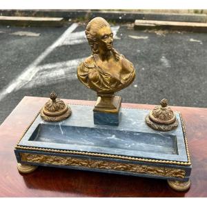 Ancien Encrier Bronze Marbre Marie Antoinette Signé Houdon 19 Eme 