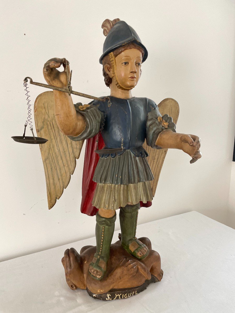 Saint Michel, Sculpture En Bois Polychrome d'Epoque XIX Siècle-photo-2