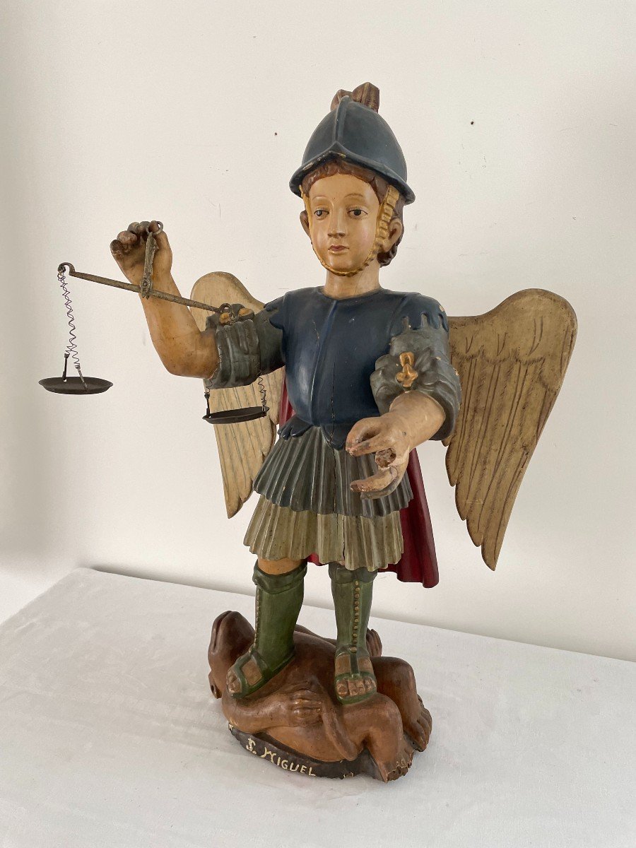 Saint Michel, Sculpture En Bois Polychrome d'Epoque XIX Siècle-photo-3