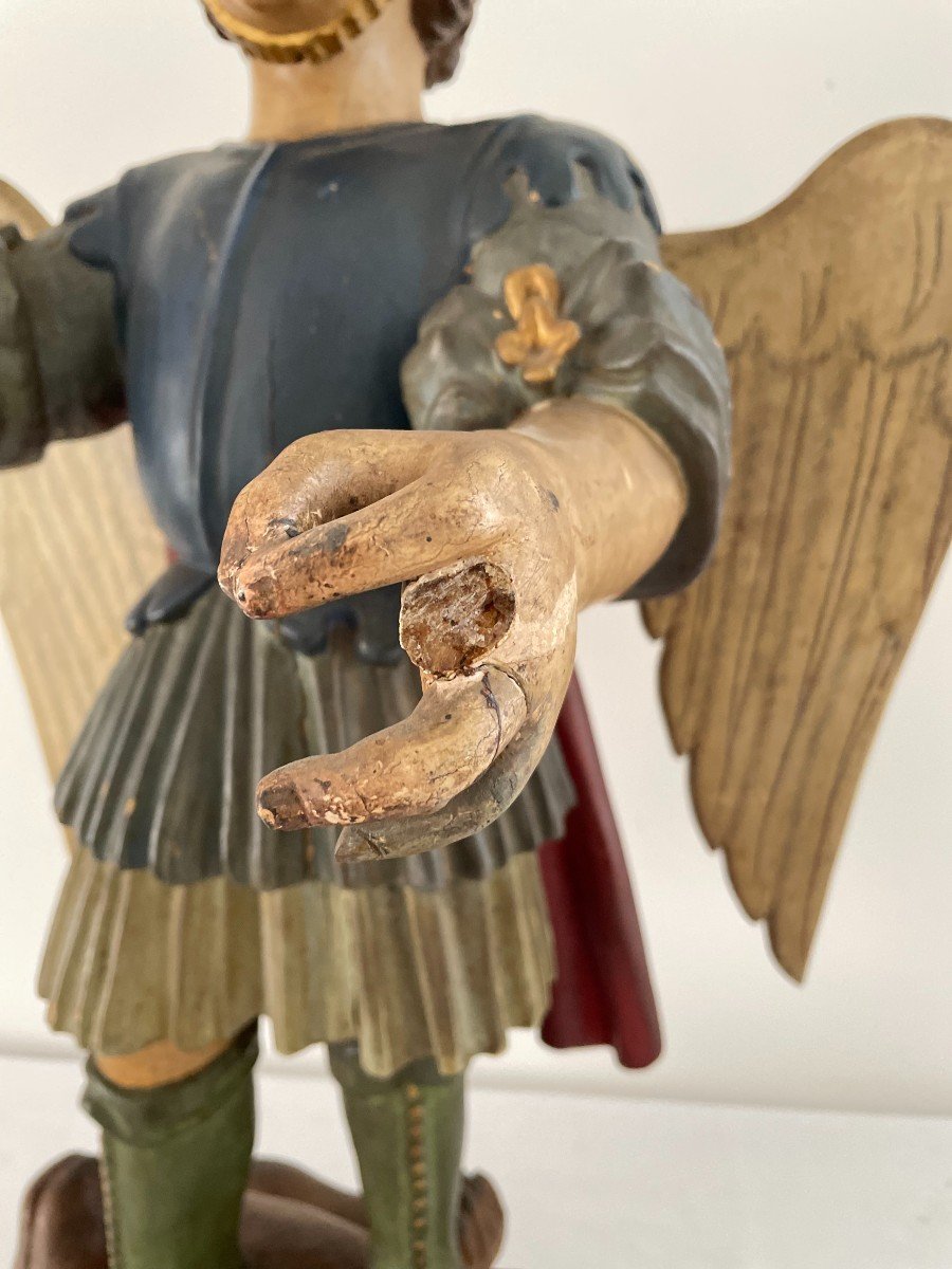 Saint Michel, Sculpture En Bois Polychrome d'Epoque XIX Siècle-photo-4