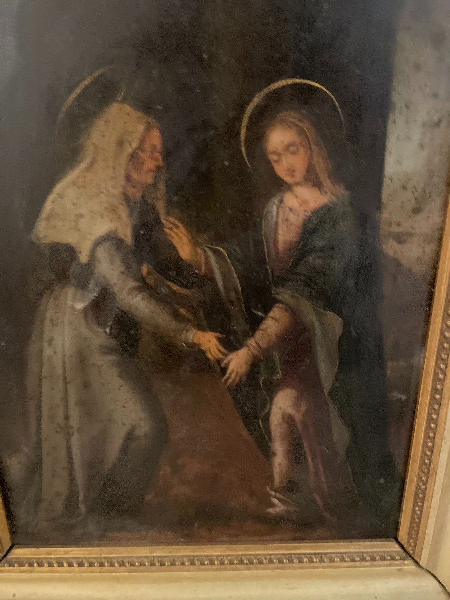  La Vierge Marie et Sainte Elisabeth huile sur cuivre Epoque XVIII siècle-photo-2