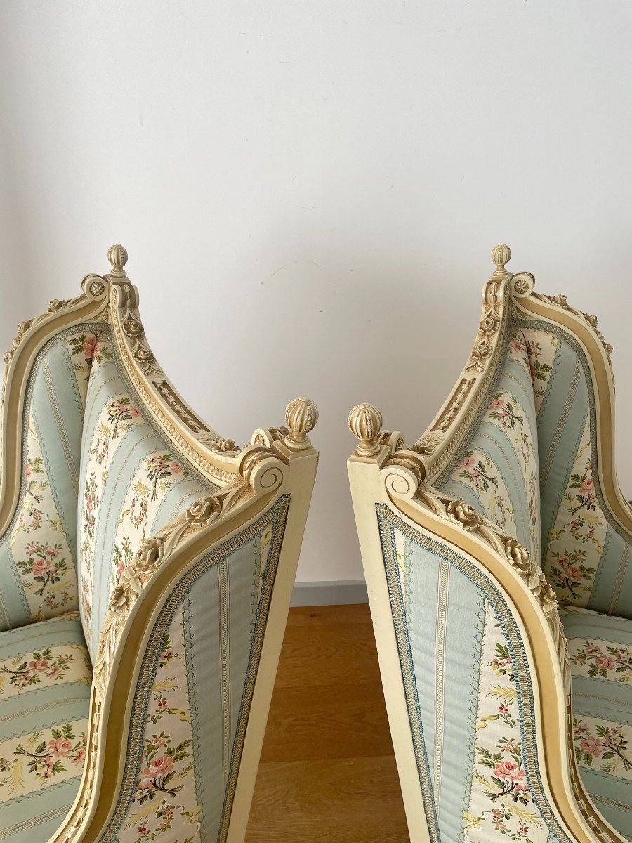 Pair Of Louis XVI Style Bergeres In Lacquered Wood-photo-3