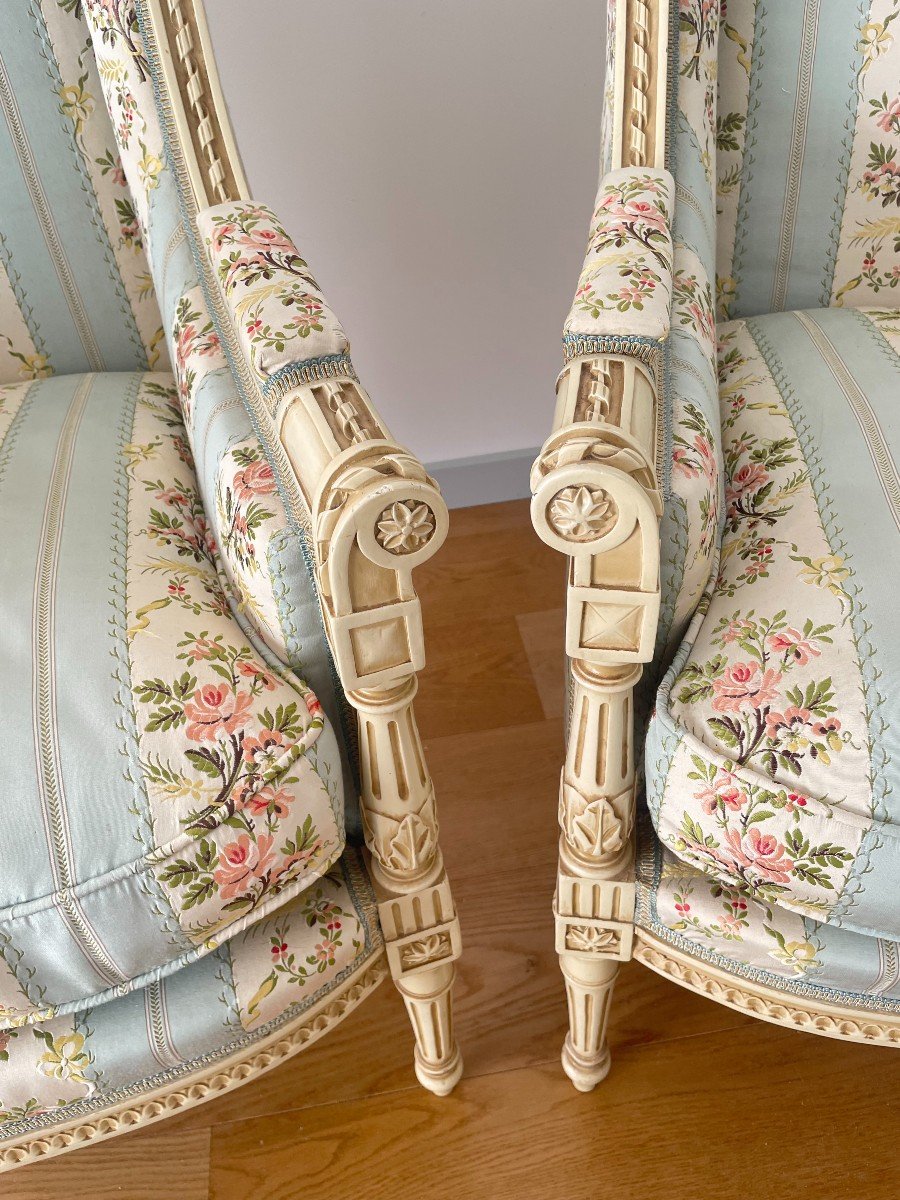 Pair Of Louis XVI Style Bergeres In Lacquered Wood-photo-7