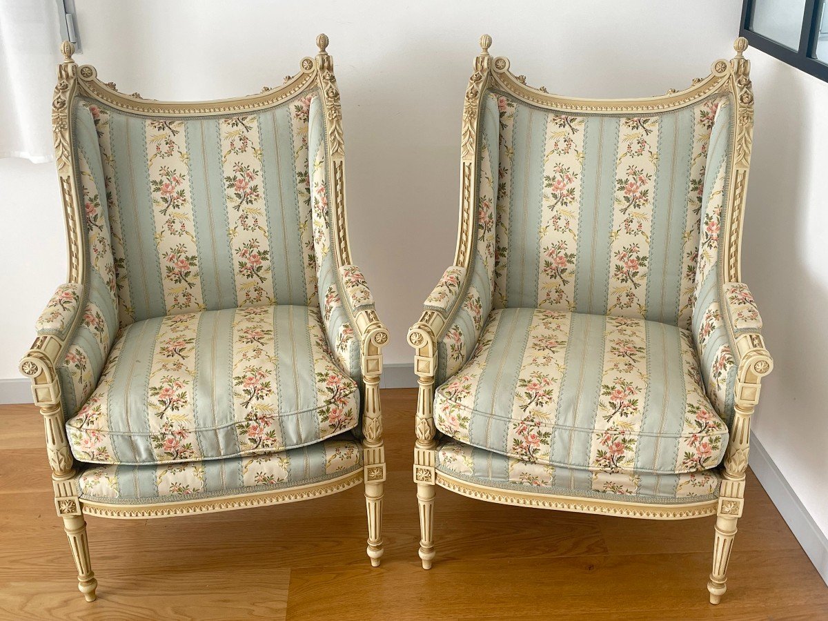 Pair Of Louis XVI Style Bergeres In Lacquered Wood