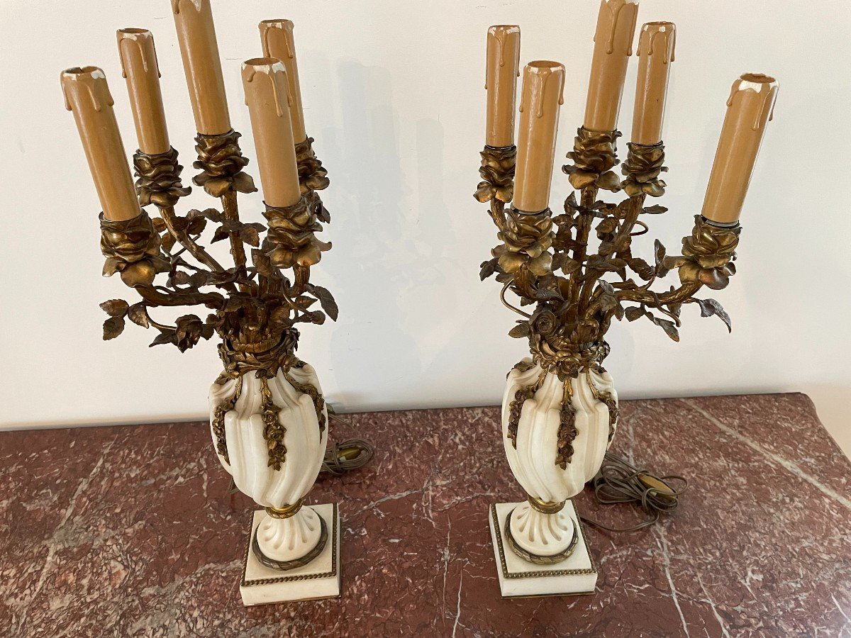 PAIRE DE CANDELABRES LOUIS XVI EN MARBRE ET BRONZE-photo-3