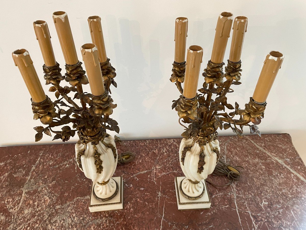 PAIRE DE CANDELABRES LOUIS XVI EN MARBRE ET BRONZE-photo-4