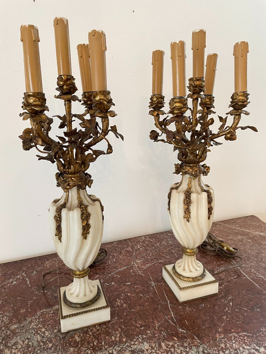 PAIRE DE CANDELABRES LOUIS XVI EN MARBRE ET BRONZE-photo-2