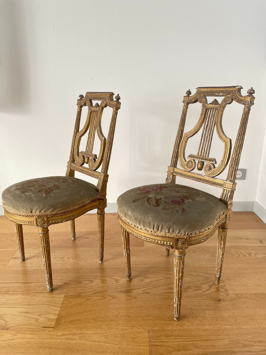 PAIRE DE CHAISES EN BOIS DORE D'EPOQUE LOUIS XVI-photo-2