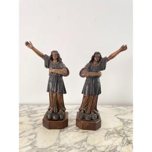 Pair Of Carved Wooden Angels 19th Century