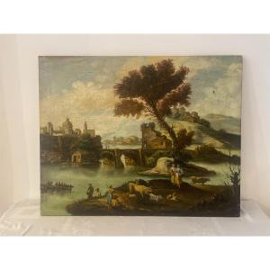 "PAYSAGE FLUVIAL ANIME" HUILE SUR TOILE