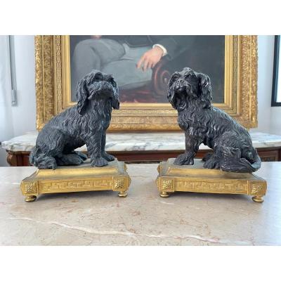 Pair Of Bronze Dogs On Golden Bronze Bases