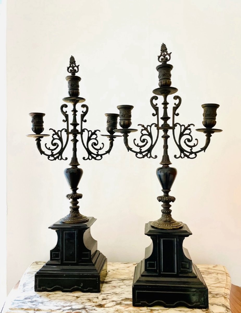 Paire De Candélabres , Chandeliers En Bronze Et Marbre XIX Eme"