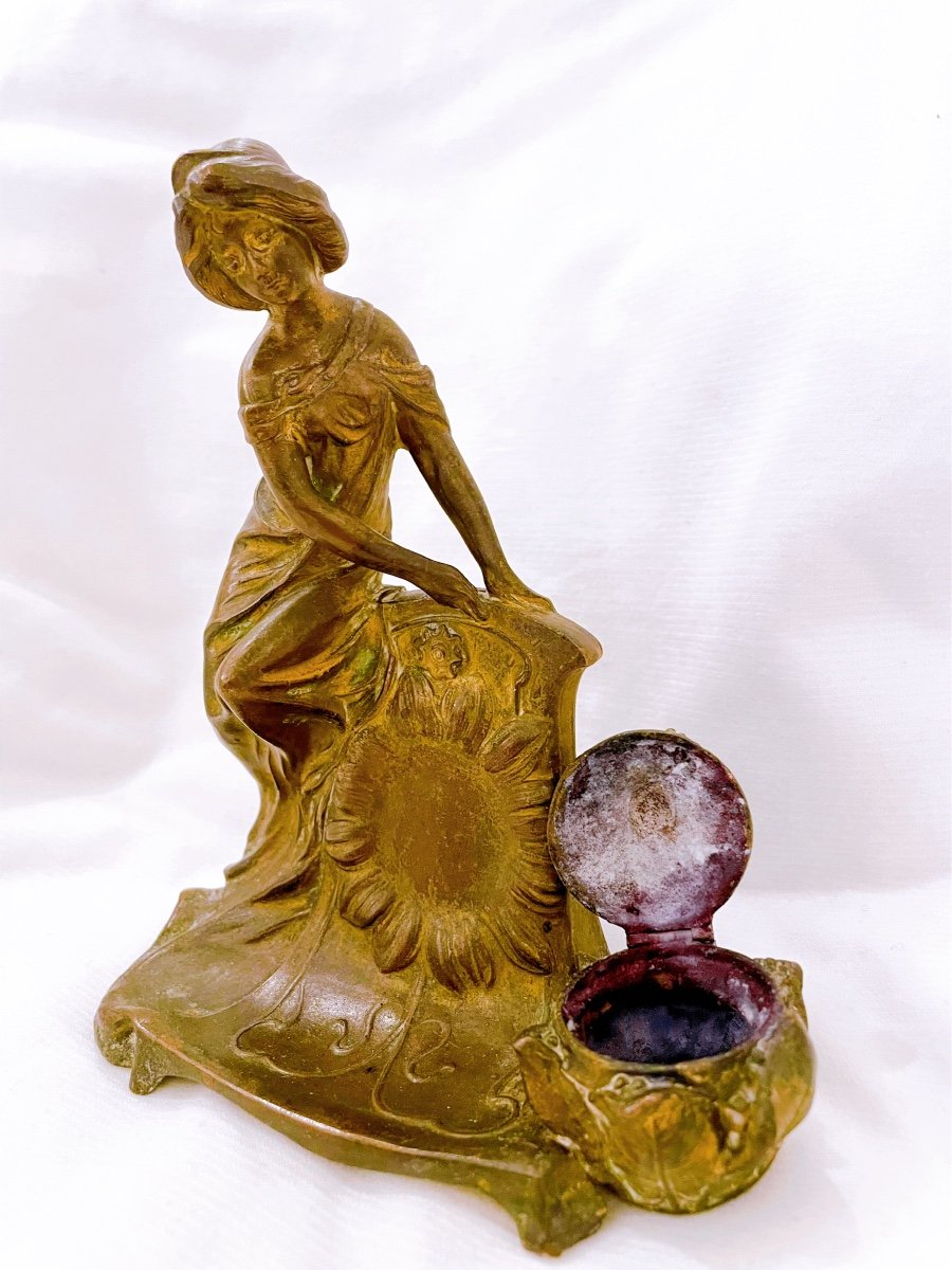 Encrier En Bronze Art Nouveau Femme Tournesol-photo-2