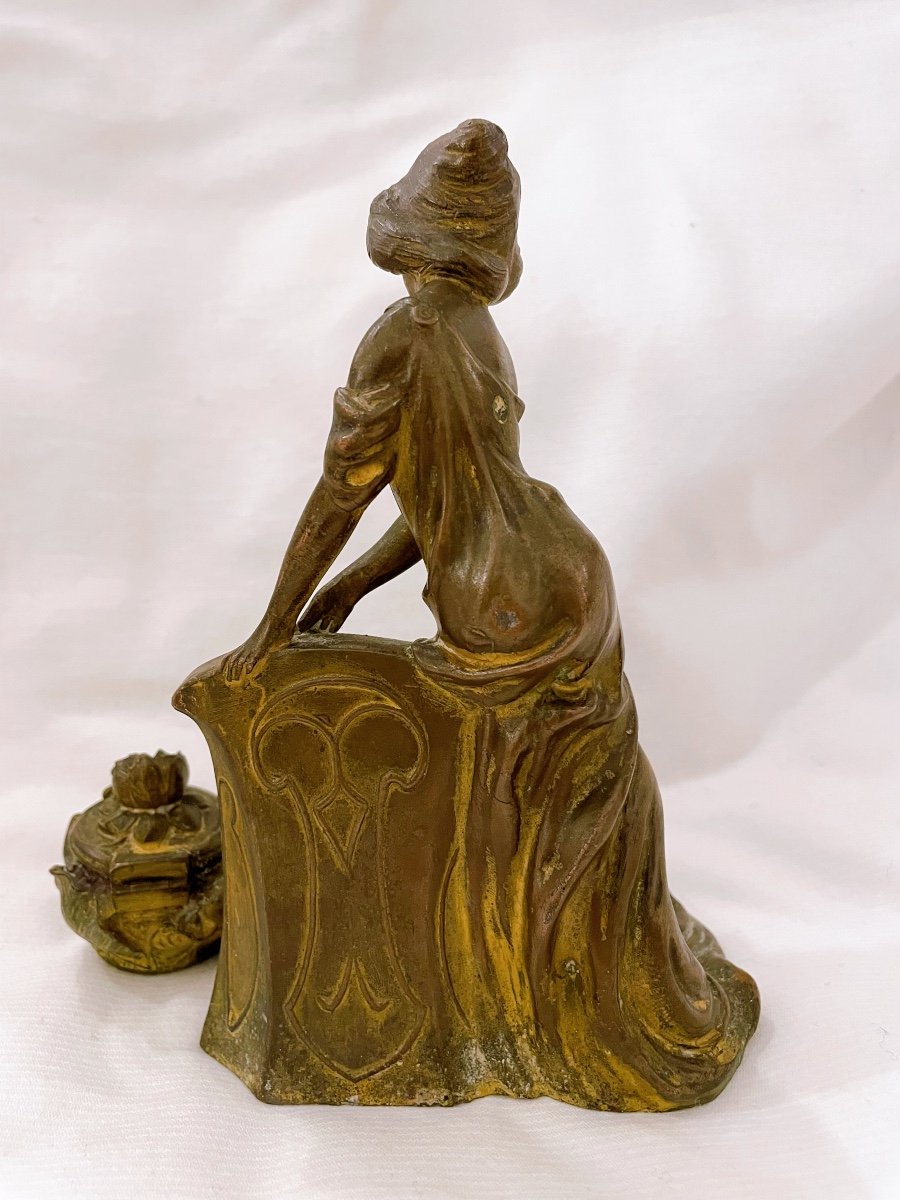 Encrier En Bronze Art Nouveau Femme Tournesol-photo-3