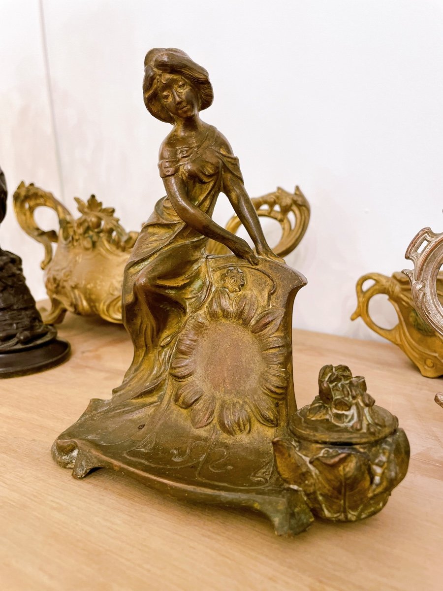 Encrier En Bronze Art Nouveau Femme Tournesol-photo-4