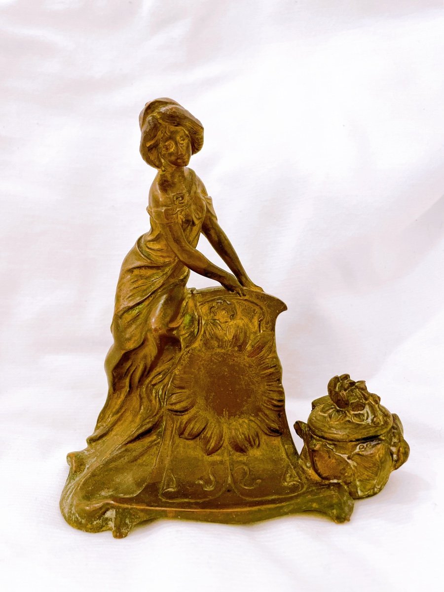 Encrier En Bronze Art Nouveau Femme Tournesol