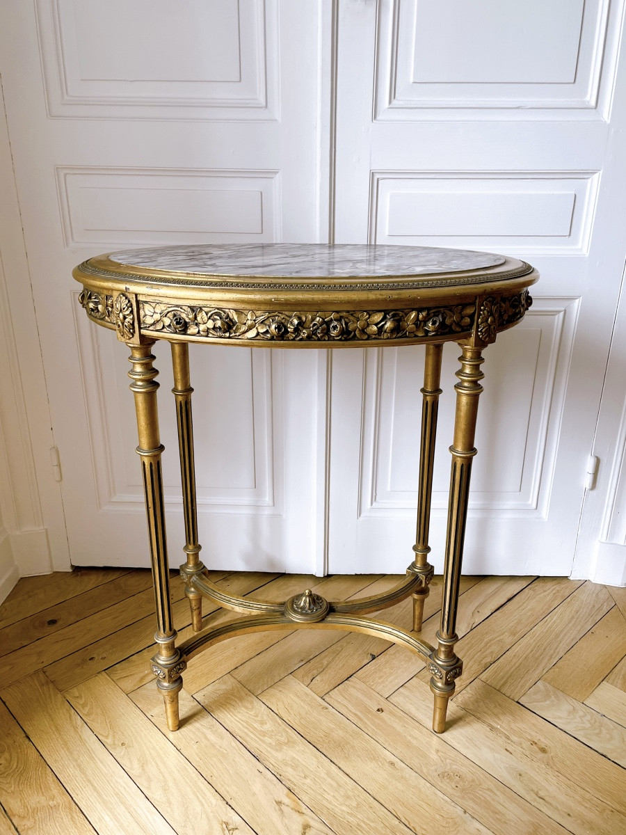 Louis XVI Style Oval Pedestal Table In Gilded Wood, 19th Century-photo-4