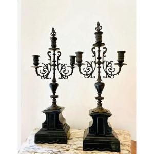 Pair Of Candelabra, Bronze And Marble Candlesticks XIX Eme"