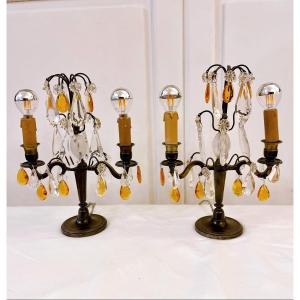 Pair Of Two-light Bronze Candelabra With Brown Patina And Crystal Tassels 