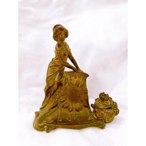 Encrier En Bronze Art Nouveau Femme Tournesol