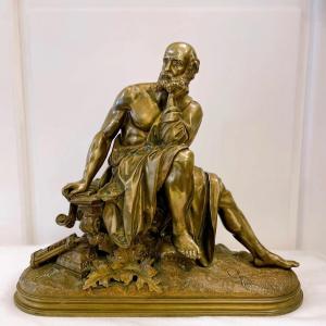 19th Century Bronze Sculpture Archimedes Signed Aubert