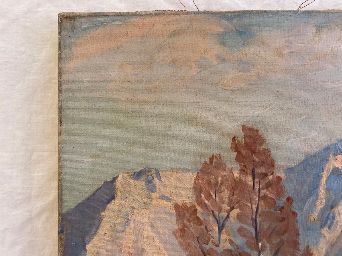 Constantin Font  (1890-1954) Paysage Montagne Enneigé. Huile Sur Toile-photo-3