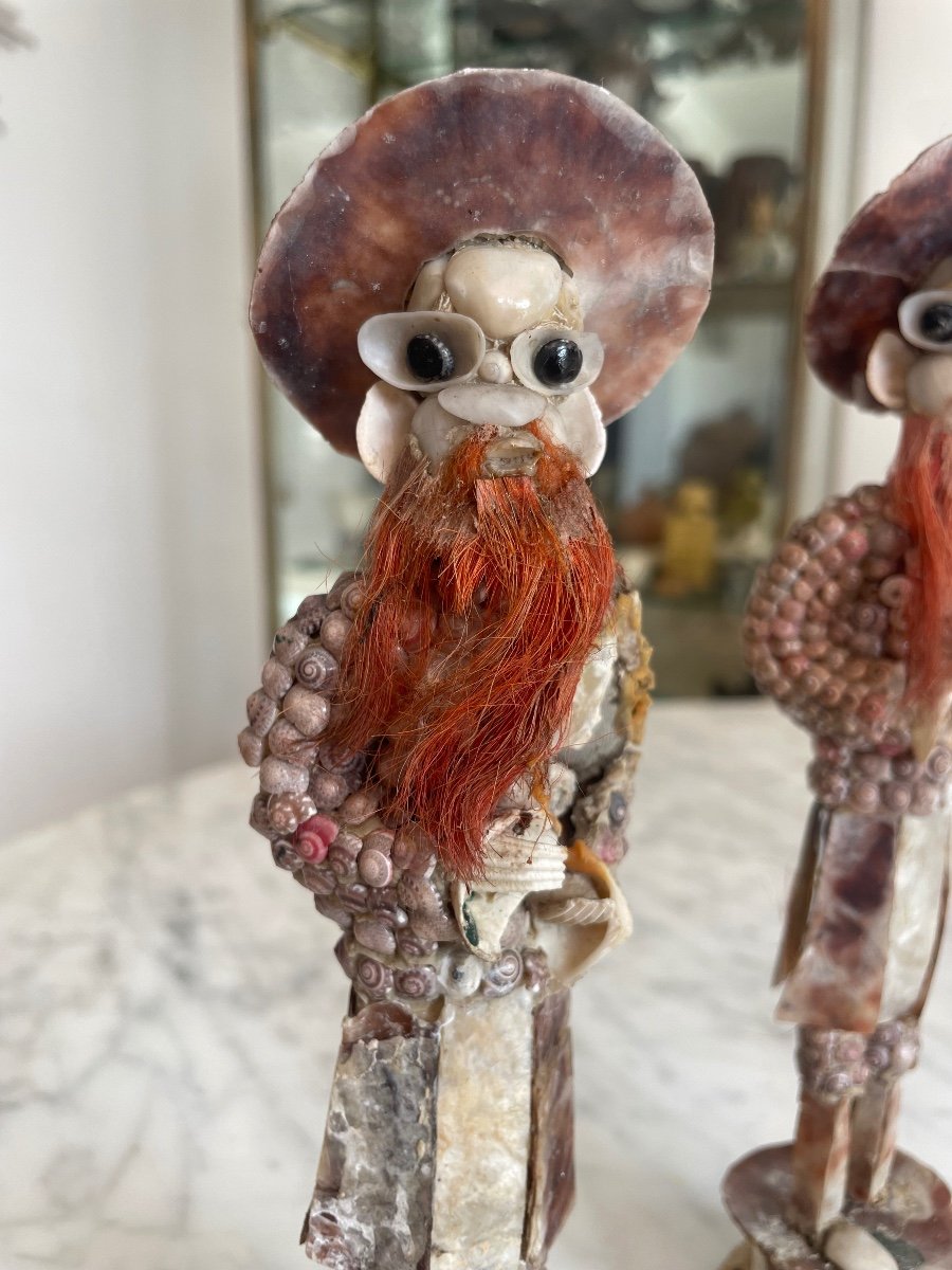 Two Rare Grottic Characters Made Of Multiple And Various Shells And Mother-of-pearl. 18th Century-photo-2