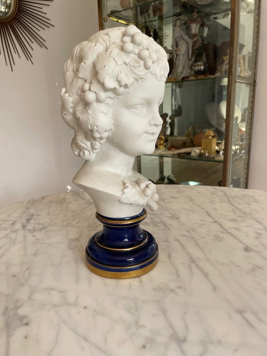 Bust Of A Young Boy Biscuit Statuette On Lapis Blue Enameled Pedestal-photo-2