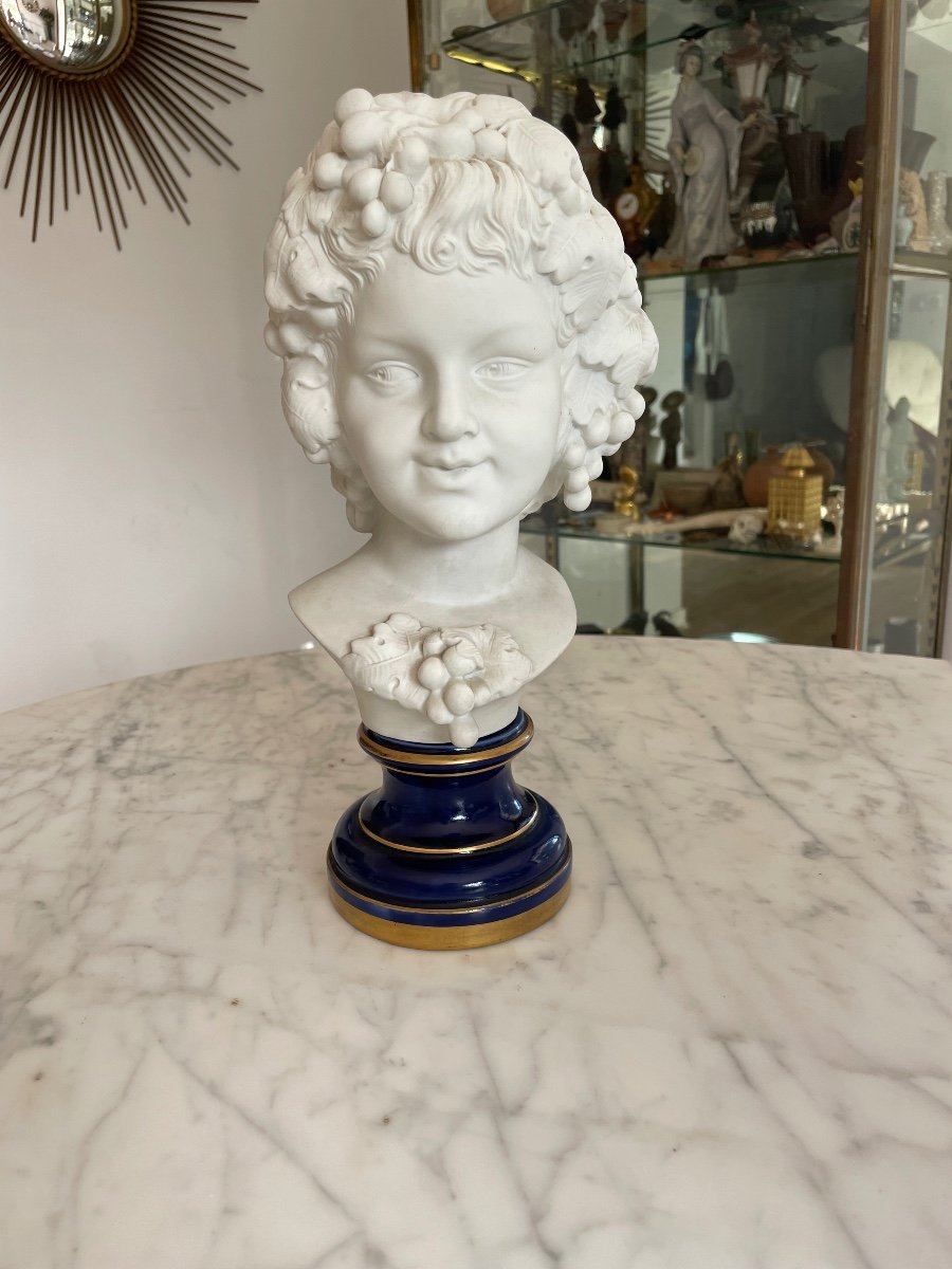 Bust Of A Young Boy Biscuit Statuette On Lapis Blue Enameled Pedestal-photo-3