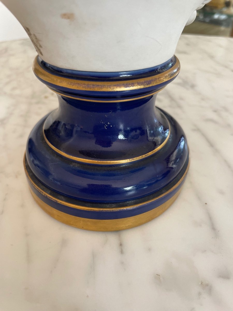 Bust Of A Young Boy Biscuit Statuette On Lapis Blue Enameled Pedestal-photo-2