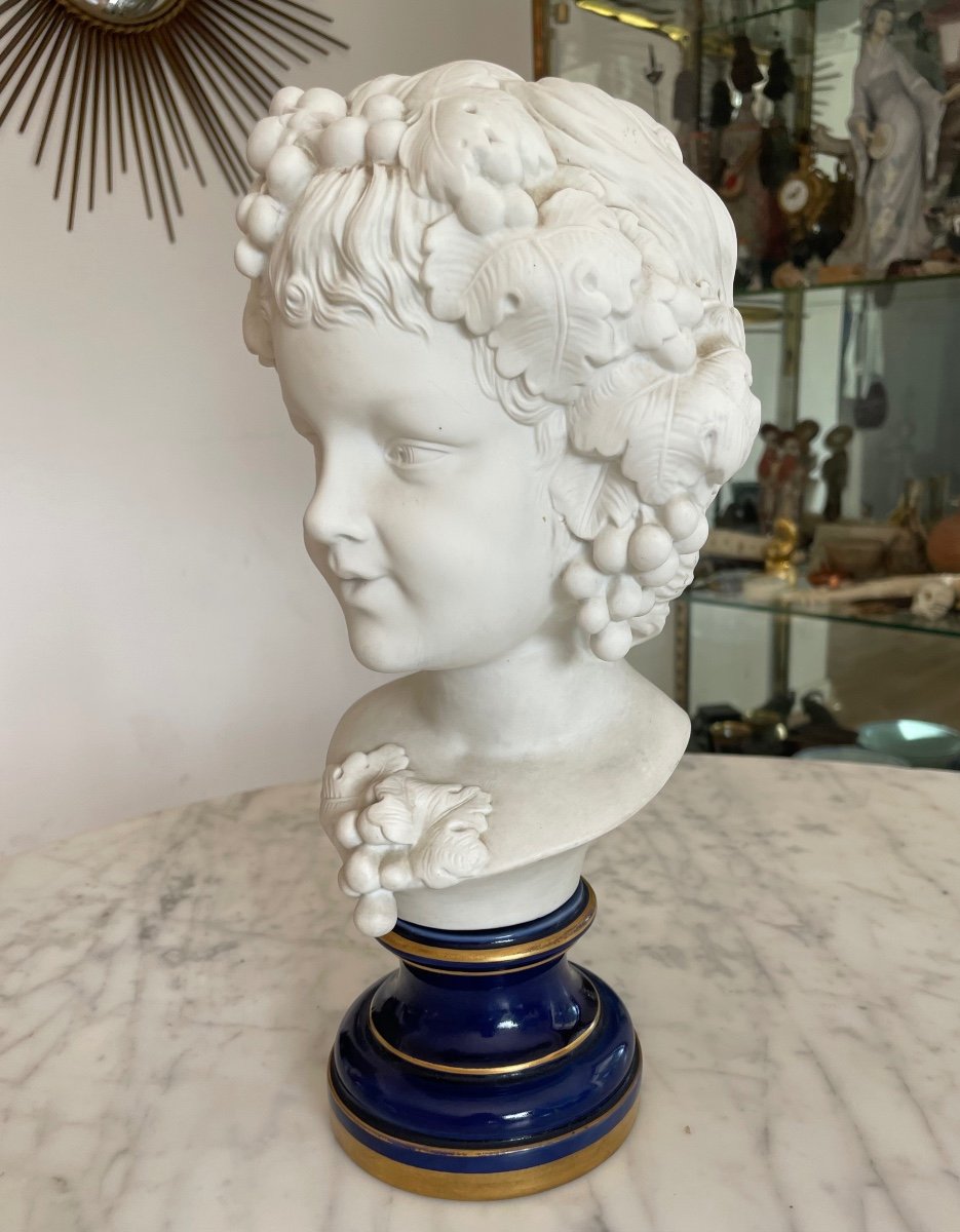 Bust Of A Young Boy Biscuit Statuette On Lapis Blue Enameled Pedestal