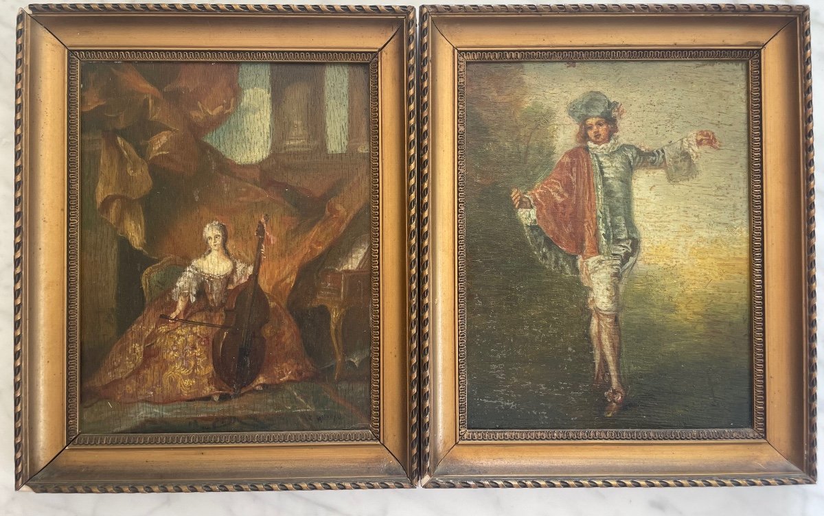 After Watteau And Schall “dancing Character And Musician” Oils On Panels, Late 19th Century