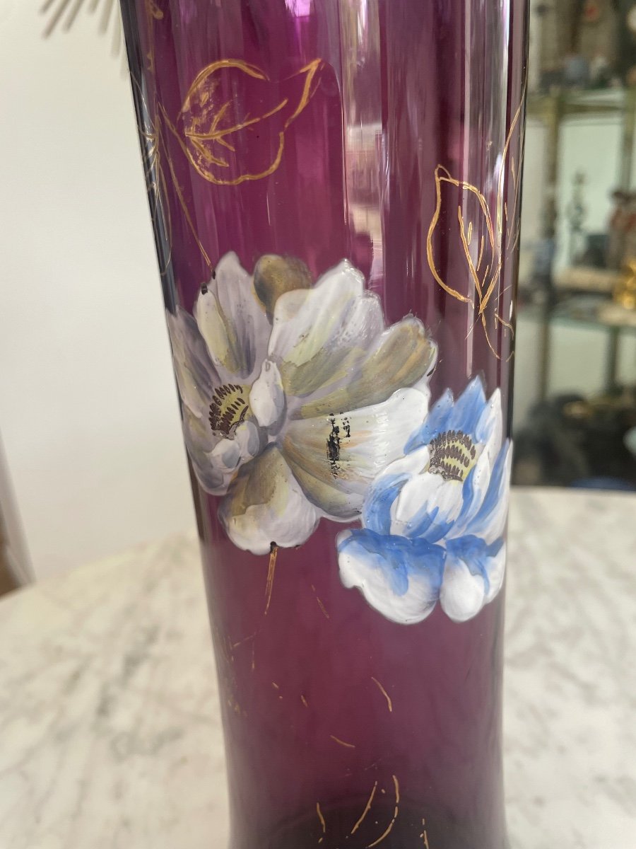 Purple Enameled Glass Vase With Flower Decor-photo-2