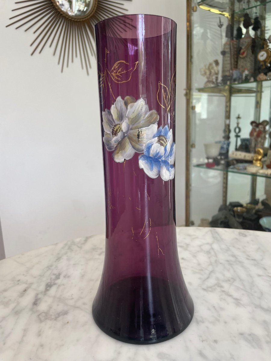 Purple Enameled Glass Vase With Flower Decor