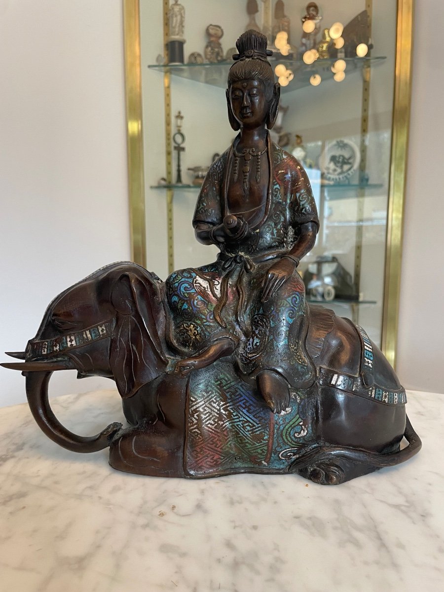 Kannon Seated On An Elephant In Cloisonné Bronze