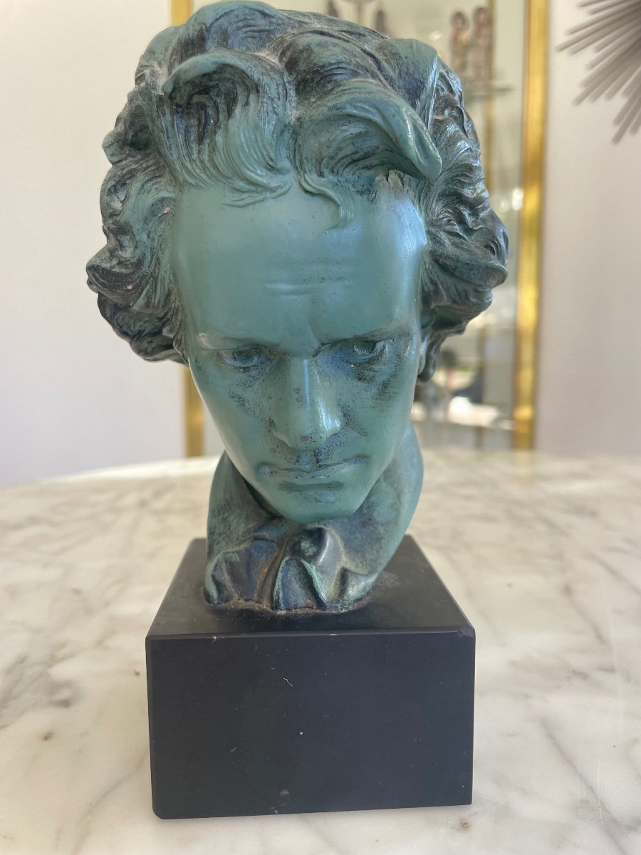 Bust Of Beethoven In Metal With Green Patina. 20th Century-photo-2