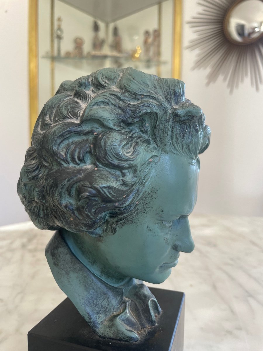 Bust Of Beethoven In Metal With Green Patina. 20th Century-photo-3