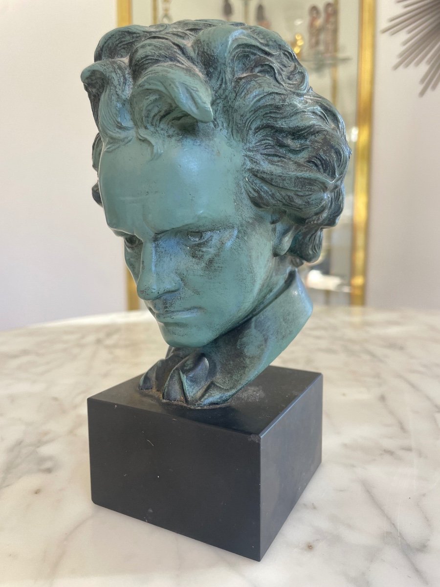 Bust Of Beethoven In Metal With Green Patina. 20th Century