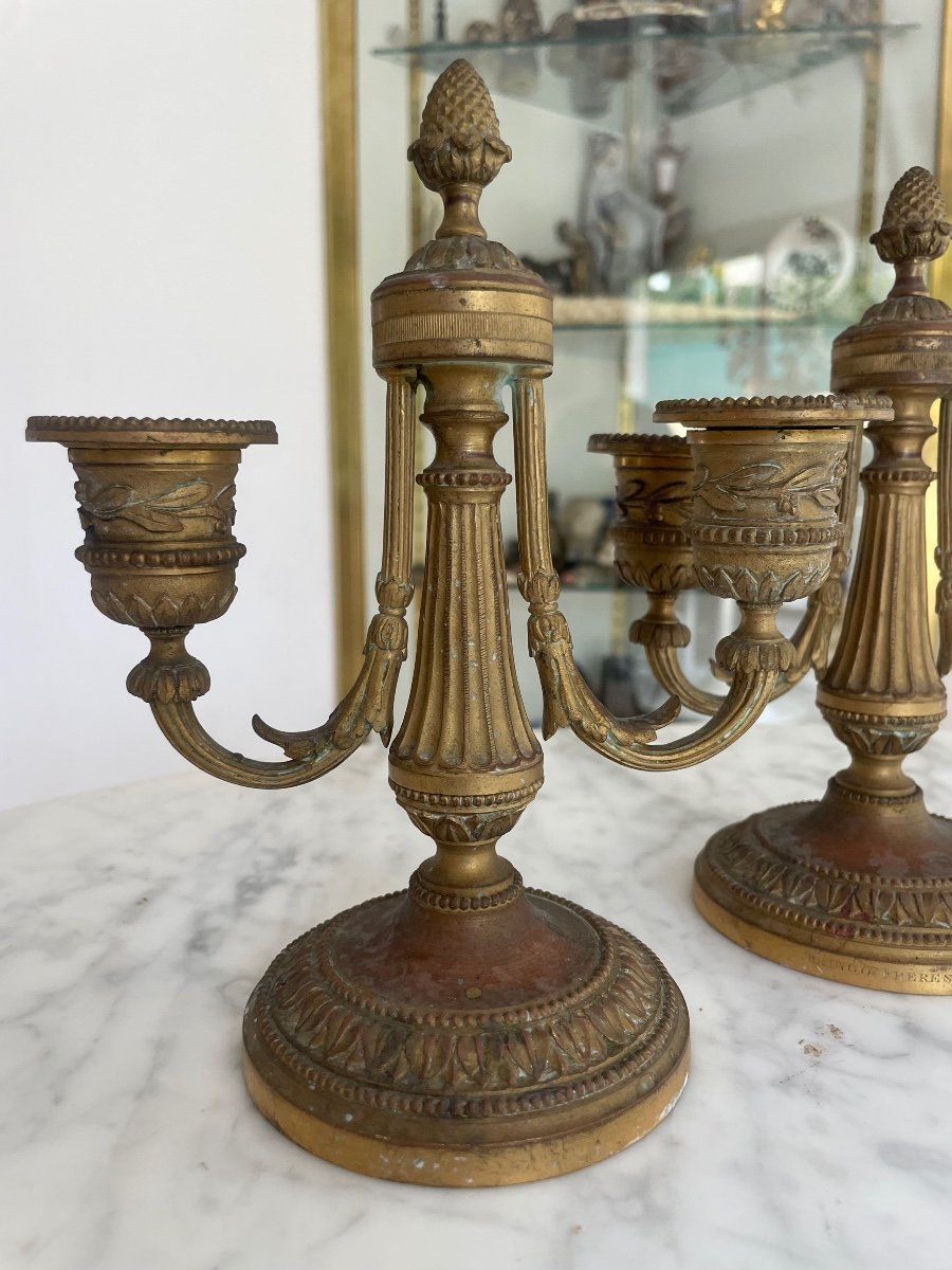 Pair Of Louis XVI Style Candlesticks In Gilt Bronze, With Two Light Arms-photo-2