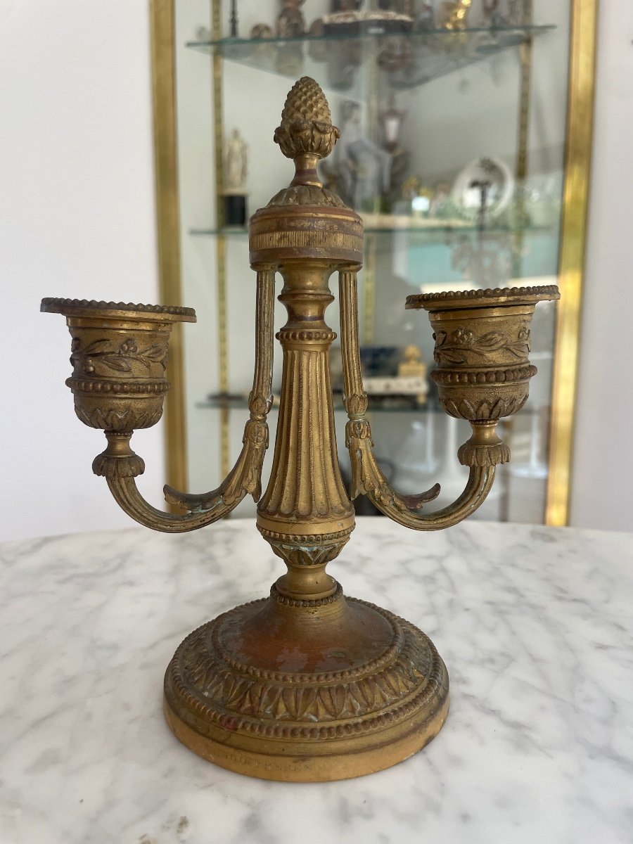 Pair Of Louis XVI Style Candlesticks In Gilt Bronze, With Two Light Arms-photo-3