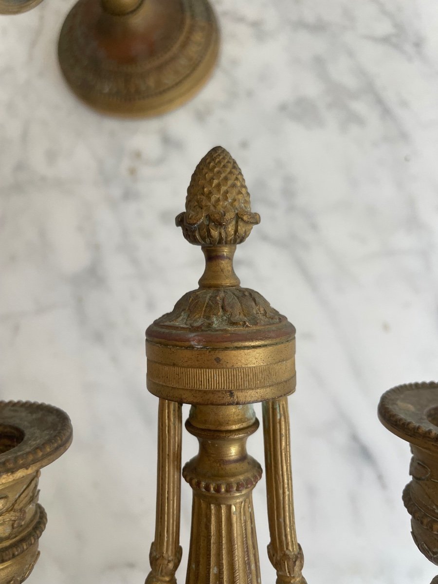 Pair Of Louis XVI Style Candlesticks In Gilt Bronze, With Two Light Arms-photo-2