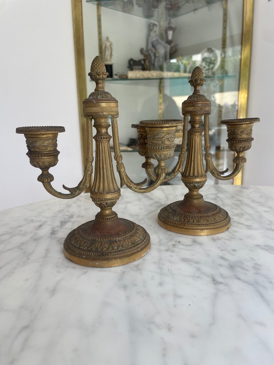 Pair Of Louis XVI Style Candlesticks In Gilt Bronze, With Two Light Arms