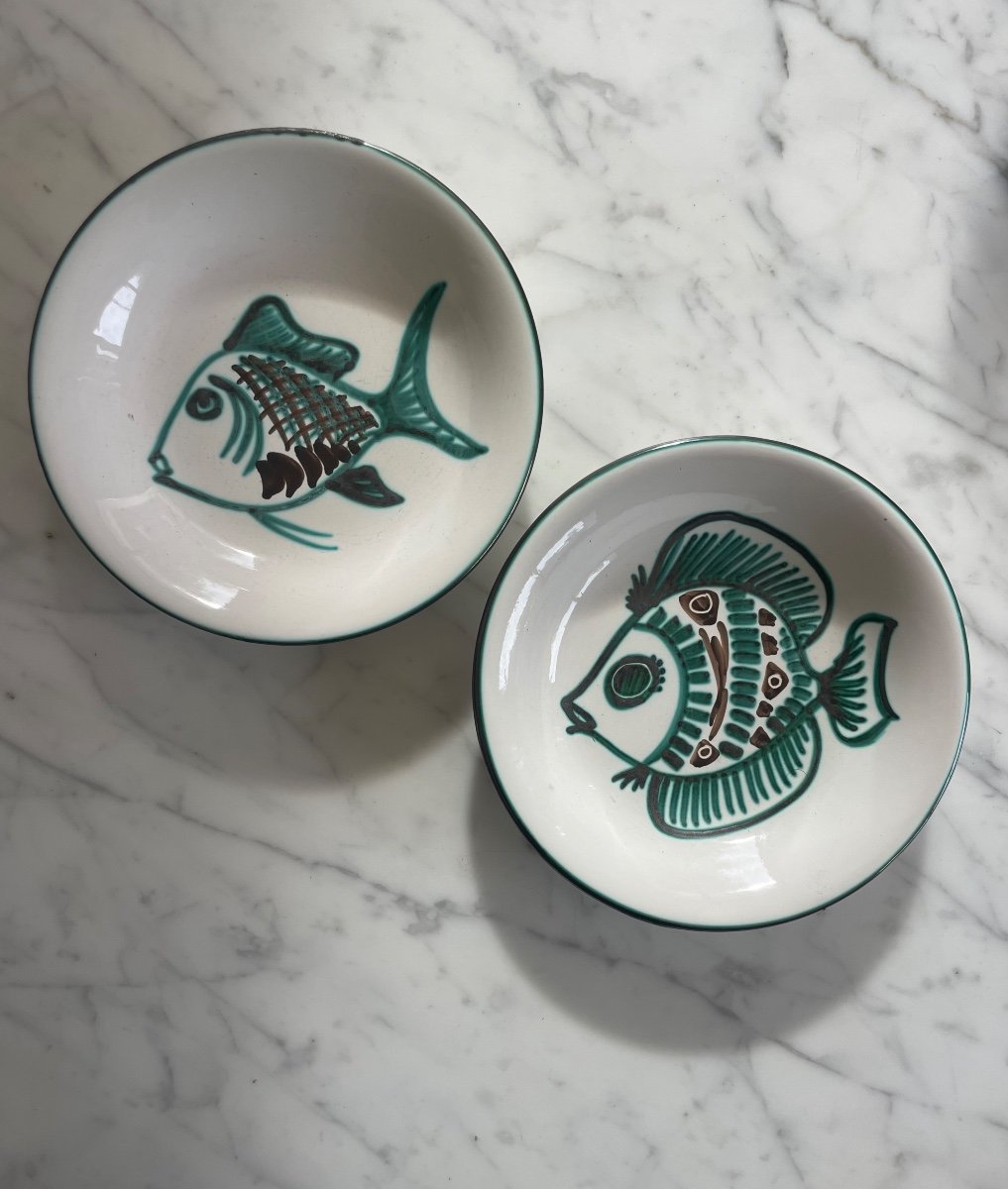 Robert Picault In Vallauris. Two Hollow Plates With Fish Decor